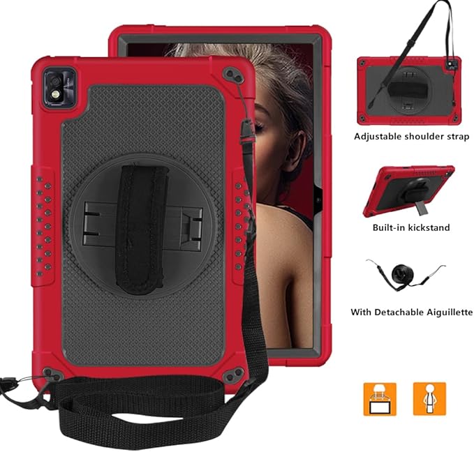 Mignova for TCL Tab Pro 5G Tablet Case Built in Rotating Kickstand/Shoulder Strap Hand Strap Hybrid Shockproof Armor Kids Friendly Case for Nokia T20/T21/Vastking KingPad M10 10.36 inch(Red+Black)