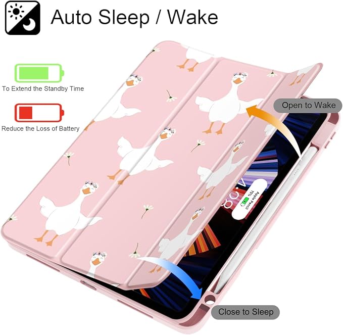 May Chen for iPad Pro 11 inch M2 4th Generation 2022 iPad Pro 11 3rd/2nd/1st Gen Built-in Pencil Holder with Shockproof Cover Clear Transparent Back Shell Auto Wake/Sleep Goose Flower