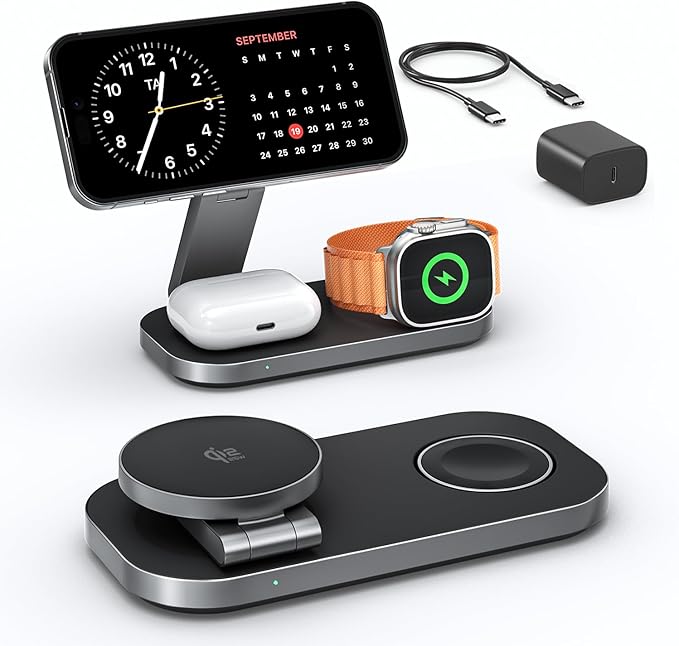 3-in-1 Charging Station for Apple Device Qi2 25W Certified Magnetic Wireless Foldable Fast Charger Stand Compatible with MagSafe for iPhone 17e/17/16/15/14/13/12/Air Series Apple Watch &amp AirPods