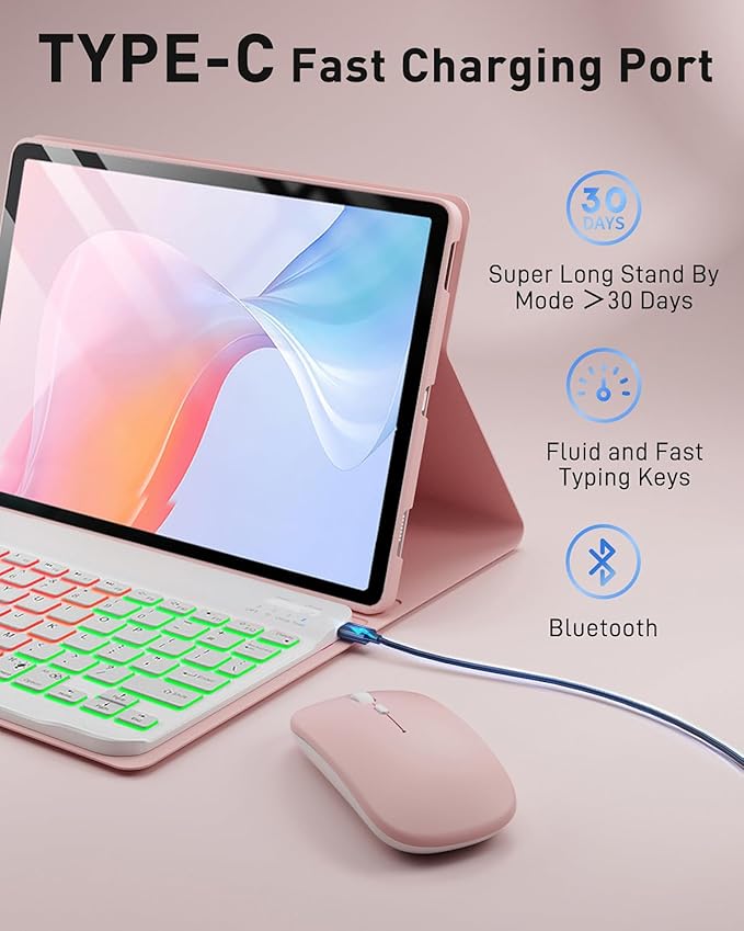 Case with Keyboard for 2025 Lenovo Idea Tab Plus 12.1 Inch/Lenovo Tab K12 - Rainbow Backlit Detachable Cover with Mouse (TB361FU/TB361ZU) - Pink