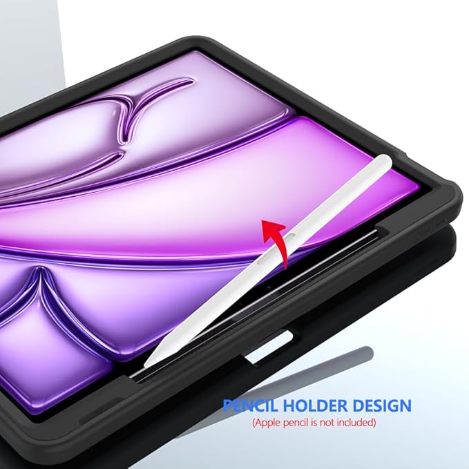 Puxicu Case for New iPad Air 13 inch (M3/M2-2025/2024) Heavy Duty Rugged Protective Built-in Pencil Holder Cover for iPad Air 13 Inch Black