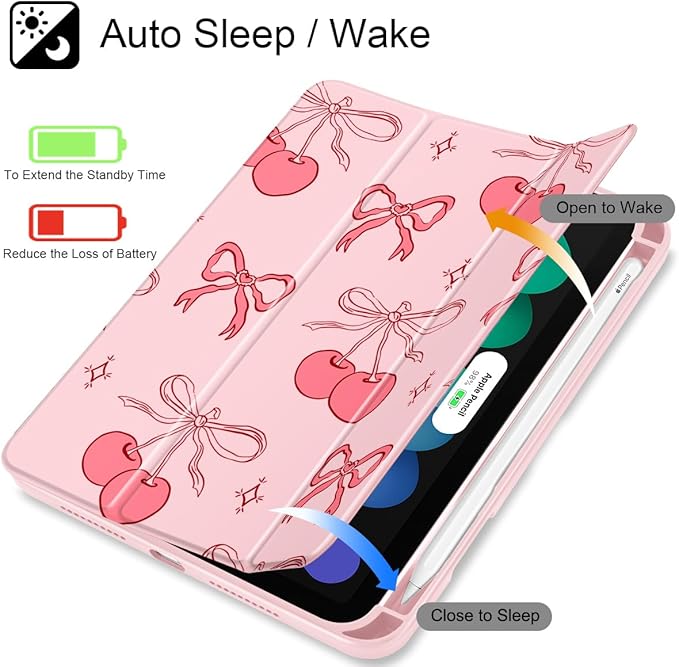 May Chen Slim Case for iPad mini 7 (A17 Pro 7th Generation) 2024 / iPad mini 6 (6th Gen) 8.3 Inch [Built-in Pencil Holder] Shockproof Cover Clear Clear Back Shell Auto Wake/Sleep Girly Cherry &amp