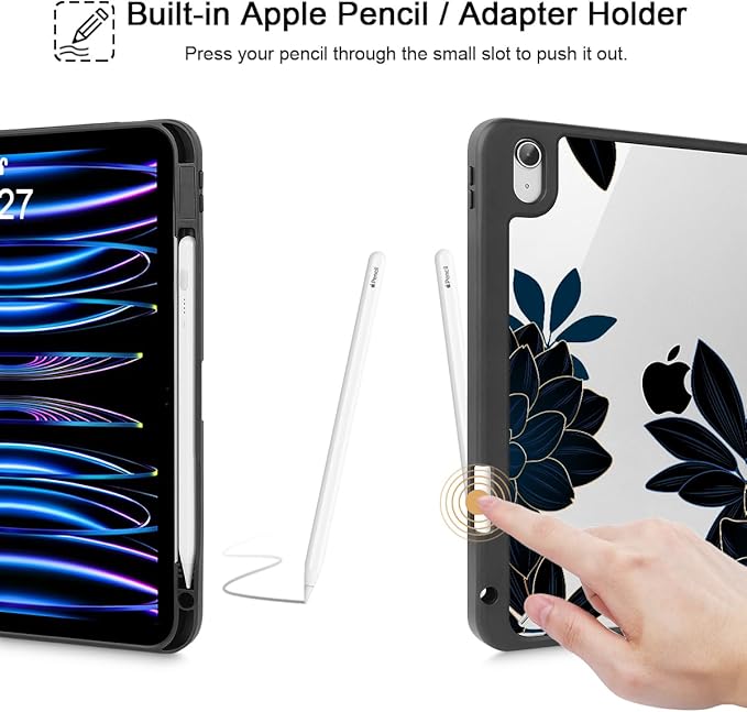 Case for iPad 11 inch A16 2025 Generation 11th / iPad 10.9 inch 2022 10th Gen Buit in Pencil Holder with Shockproof Cover Clear Transparent Back Shell Auto Wake/Sleep Flower Dahlia