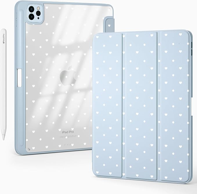 Cute Polka Dot Heart for iPad (A16) 11th Gen Case 11 Inch 2025 for iPad 10th Gen Case 10.9 Inch 2022 with Pencil Holder Auto Sleep/Wake Blue Leather Clear Acrylic Back Cover