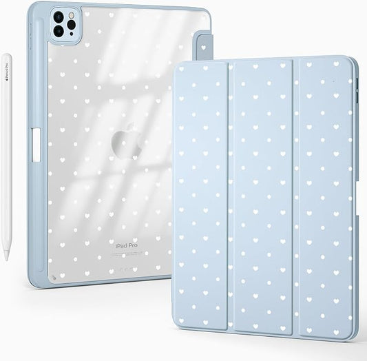 Cute Polka Dot Heart for iPad (A16) 11th Gen Case 11 Inch 2025 for iPad 10th Gen Case 10.9 Inch 2022 with Pencil Holder Auto Sleep/Wake Blue Leather Clear Acrylic Back Cover