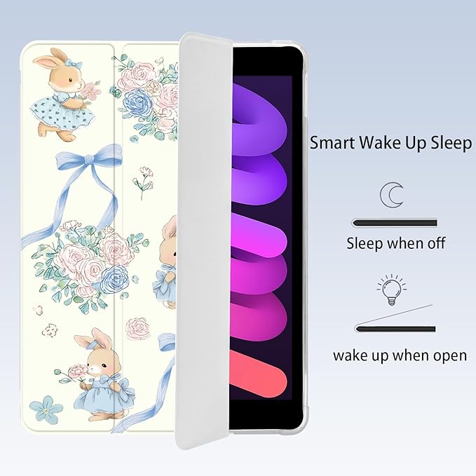 Cute Kawaii Bunny Flower Bow for iPad Air 11 Inch Case 7th/6th Generation (M3/M2) 2025/2024 with Pencil Holder Auto Sleep/Wake White Leather Soft TPU Back Cover
