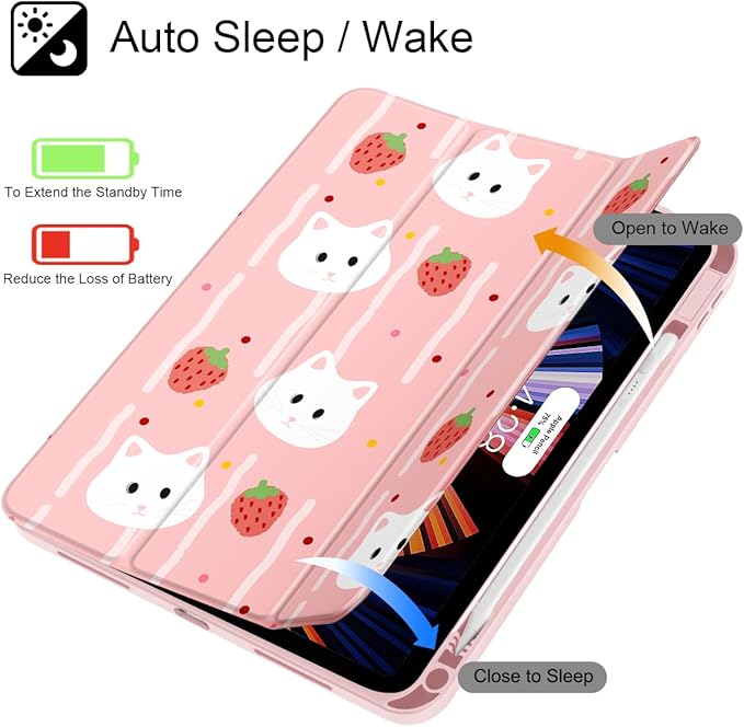 Case for iPad 11 inch A16 2025 Generation 11th / iPad 10.9 inch 2022 10th Gen Buit in Pencil Holder with Shockproof Cover Clear Transparent Back Shell Auto Wake/Sleep Cat Strawberry