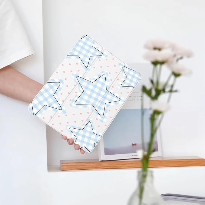 Cute Blue Grid Star for iPad Pro 11 Inch Case 4th/3rd/2nd Generation 2022/2021/2020 with Pencil Holder Auto Sleep/Wake White Leather Soft TPU Back Cover