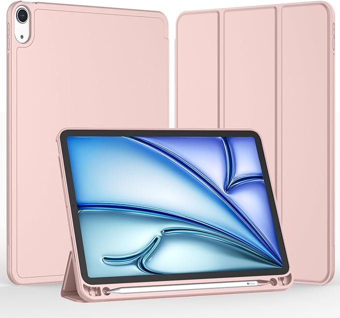 iMieet iPad Air 11 Inch Case M4/M3/M2(2026/2025/2024) iPad Air 5th/4th Generation Case 2022/2020 10.9 Inch with Pencil HolderTrifold Stand Smart Case with Soft TPU Back(Rose Pink)