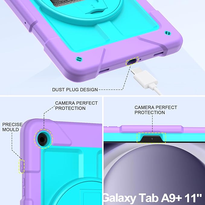 BMOUO for Samsung Galaxy Tab A9+/A9 Plus Case 11 2023 (SM-X210/X216/X218) Shockproof Galaxy Tab A9 Plus Case with Rotating Stand and Hand/Shoulder Strap Purple+Teal