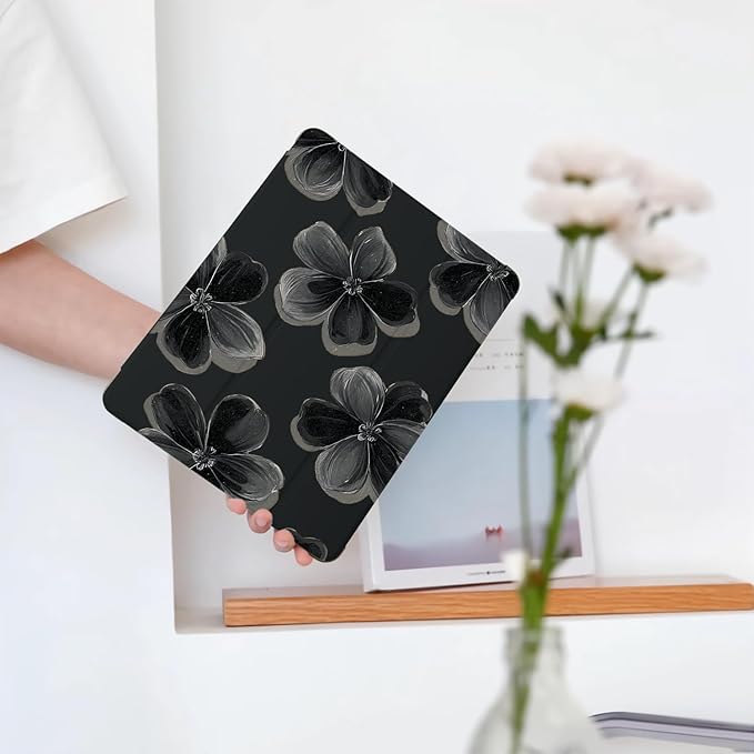 Cute Flower Floral for iPad 5th/6th Generation Case with Pencil Holder Auto Sleep/Wake Black Leather Soft TPU Back Cover for iPad 9.7 Inch