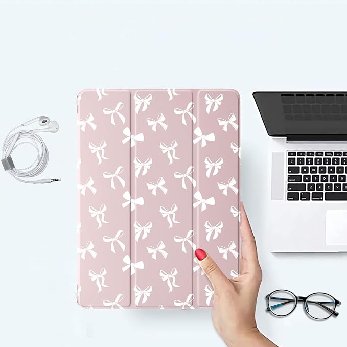 White Bow Case for iPad Pro 13-inch (M4) 2024Girly Protective CasePencil Holder &amp Clear Transparent Soft TPU Back &amp Trifold Smart Tablet Pink Cover (Model Number:A2925/A2926/A3007)