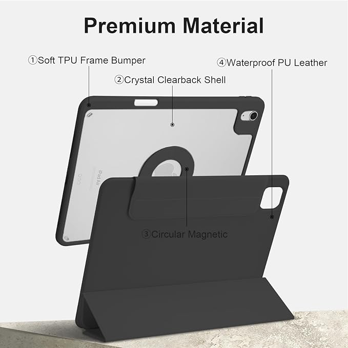 Case for iPad Air 11 Inch M4/M3/M2 2026/2025/2024 iPad Air 10.9 5th/4th Gen. 2022/2020 iPad Pro 11 4th/3rd/2nd 2022/2021/2020 with Pencil Holder Vertical Stand Detachable Magnetic Black