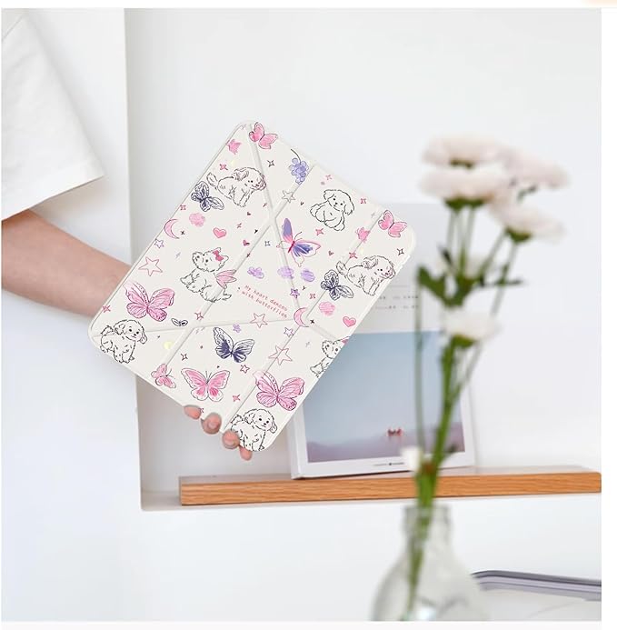 Cute Kawaii Puppy Butterfly for iPad Pro 11 Inch Case (M5/M4) 2025/2024 with Pencil Holder Auto Sleep/Wake White Leather Acrylic Back Detachable Cover