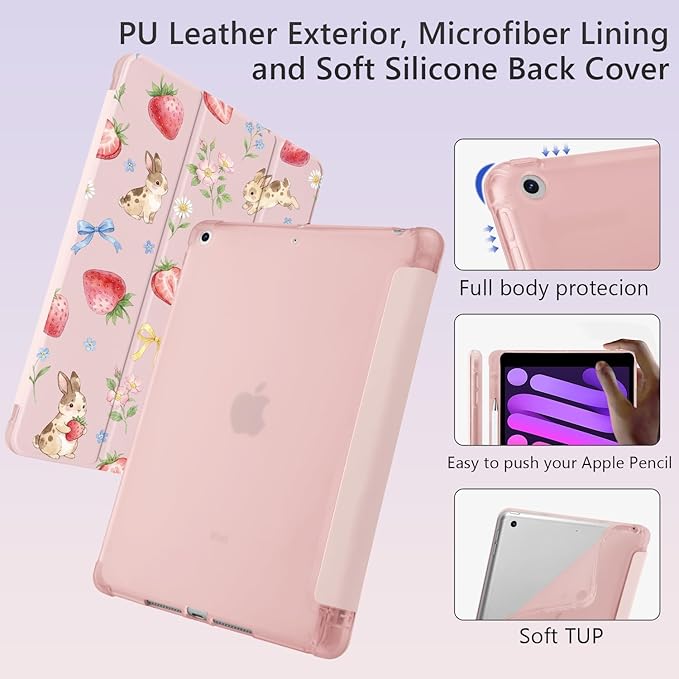 Cute Bunny Strawberry Bow for iPad Air5/Air4 Case with Pencil Holder Auto Sleep/Wake Pink Leather Soft TPU Back Cover for iPad 10.9 Inch 2022/2020