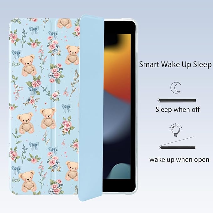 Cute Kawaii Bear Flower Bow for iPad Air 11 Inch Case 7th/6th Generation (M3/M2) 2025/2024 with Pencil Holder Auto Sleep/Wake Blue Leather Soft TPU Back Cover