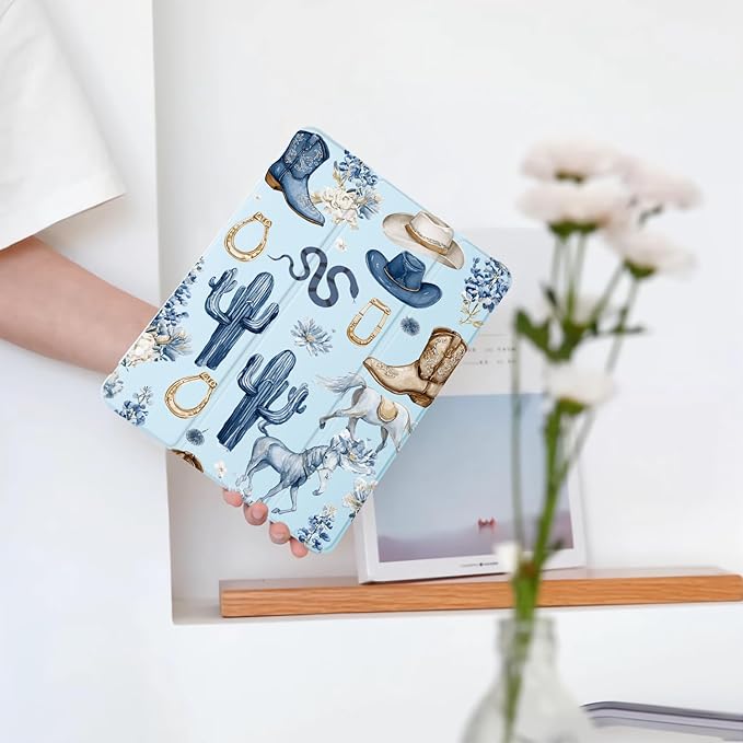 Western Cowboy Flower for iPad Pro 11 Inch Case 4th/3rd/2nd Generation 2022/2021/2020 with Pencil Holder Auto Sleep/Wake Blue Leather Soft TPU Back Cover