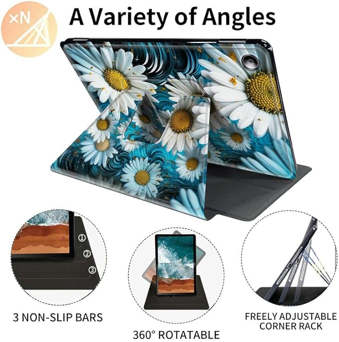 FUYOCWE for Fire HD 10 Tablet Case (13th Generation2023 Release 10.1) 360 Degree Rotating Swivel Stand Flip Smart Cover for Amazon Kindle Fire HD 10 13th Gen-White Daisy Flowers