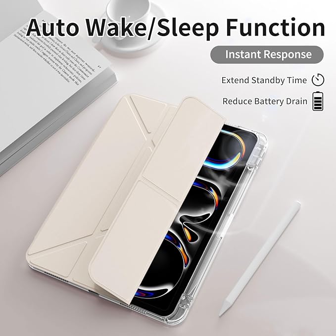 kenke Case for iPad Air 13 Inch (M3 2025/M2 2024) iPad Pro 12.9 Inch 6th/5th Generation (2022/2021) with Pencil Holder Y Folding Stand Cover with Hard Clear PC Back Support Touch ID Cream White