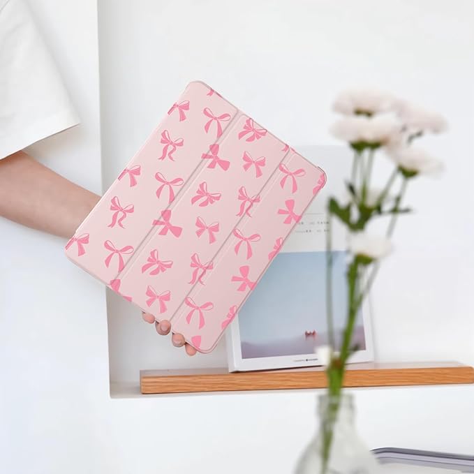 Cute Kawaii Bow for iPad 5th/6th Generation Case with Pencil Holder Auto Sleep/Wake Pink Leather Soft TPU Back Cover for iPad 9.7 Inch