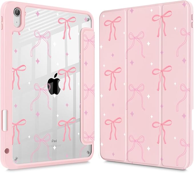 Tuiklol Case for iPad 11 inch (A16 Chip) 2025 Gen 11th / iPad 10.9 inch 2022 10th Gen Buit in Pencil Holder with Shockproof Cover Clear Transparent Back Shell Auto Wake/SleepPink Bows