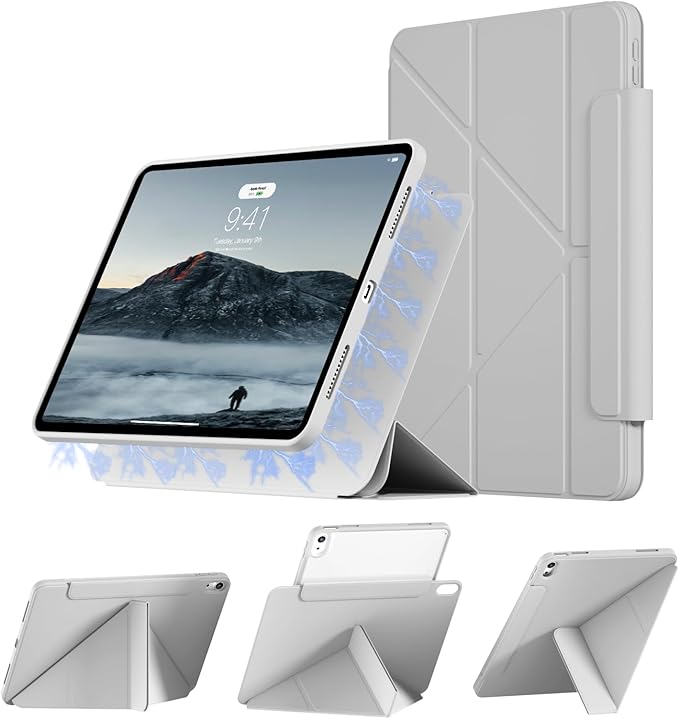 KENKE Case for iPad Air 11-Inch M4/M3/M2 (2026/2025/2024) iPad Air 10.9-Inch 5th/4th Generation(2022/2020) with Pencil Holder 3+Y-Stand Magnetic Removable 360° Rotating Clear Back Cover Gray