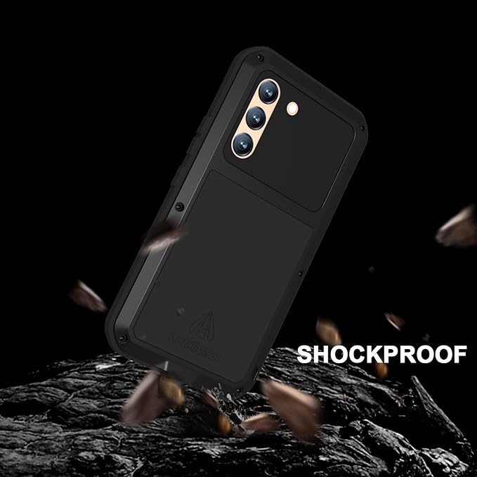LOVE MEI Military Rugged Case for Samsung Galaxy S22 with Tempered Glass Screen Protector Shockproof Dustproof Scratch Proof Hybrid Metal and Silicone Gel Heavy Duty Full Body Cover Black