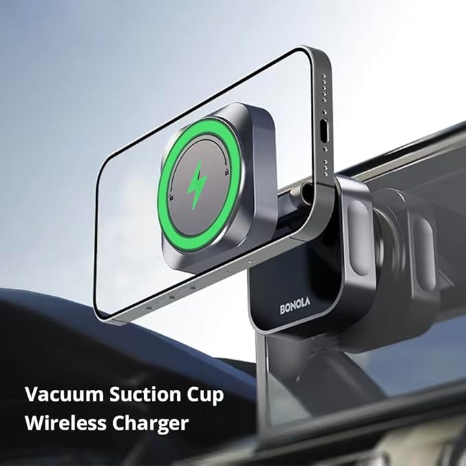 15W Vacuum Wireless Charger Holder Suction Cup Car Charger Stand for iPhone 17 16 15 14 13 12&amp Android Foldable Magnetic Phone Mount Use in Mirror/Dashboard/Windshield