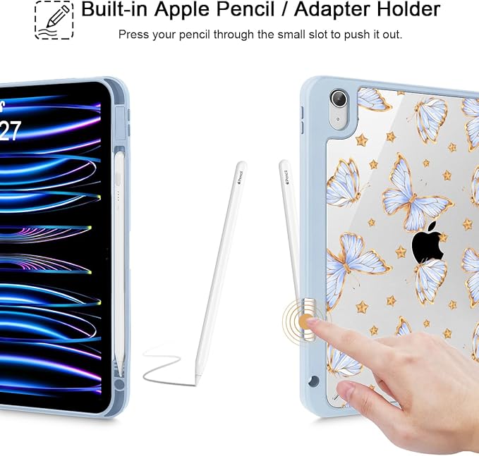 Tuiklol Case for iPad 11 inch (A16 Chip) 2025 Gen 11th / iPad 10.9 inch 2022 10th Gen Buit in Pencil Holder with Shockproof Cover Clear Transparent Back Shell Auto Wake/SleepBlue Butterfly
