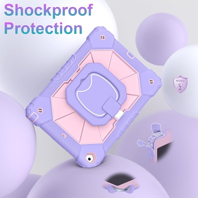 Case for iPad 9th/8th/7th Generation 10.2 Inch iPad Case 9th Generation with Screen Protector/Rotate Stand/Pen HolderMilitary Grade Shockproof i Pad 9th/8th/7th Gen CasesPurple Rose