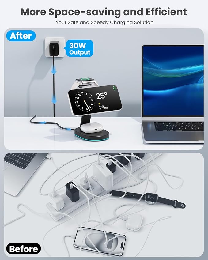3 in 1 Wireless Charger Charging Station for iPhoneQi2 Certified 15W Magnetic Charging Stand for Mag-Safe with 30W USB C Adapter&ampFriendly Night Light for iPhone 17/16/15/14/13/12Apple WatchAirP