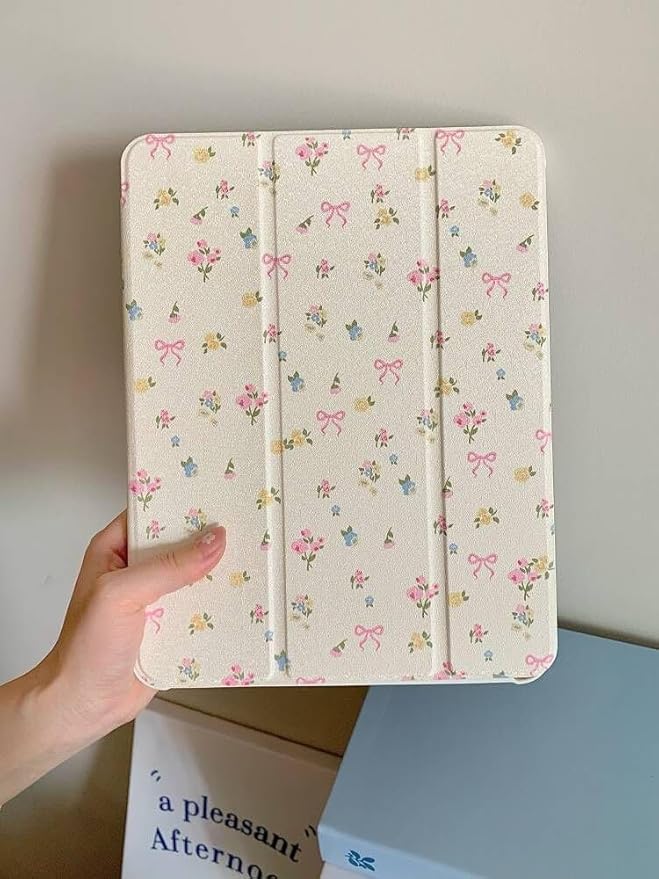Slim Leather Hard Folio Case with Adjustable Stand Pencil Holder for Apple Cream White Pink Bow Flower Floral Chic Cute Lovely Adorable Girls Kids (for iPad Pro 12.9-inch 4th Generation 2020)