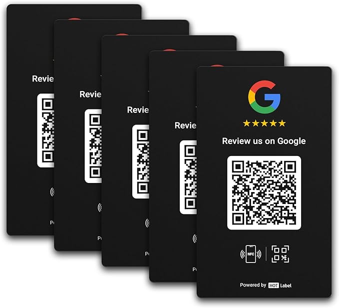 HotLabel Review Card 5-Pack + For Boosting Business Reviews + Black + NFC Tap &amp QR Code + Supports 5 Different Stores or Same + All Phones Compatible + No App/Subscription