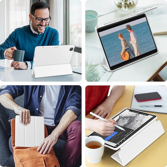 DTTO for iPad Air 13 Inch Case M4/M3/M2 2026/2025/2024 iPad Pro 12.9 Inch Case (6th/5th/4th/3rd Gen) Smart Slim Trifold Stand Soft Cover with Pencil Holder White