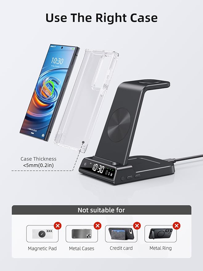 Wireless Charger Samsung Charging Station: 3 in 1 Android Charging Stand with Dimmable Clock - Nightstand Organizer for Galaxy S25 Ultra S24 Galaxy Watch 8 7 6 5 4 Galaxy Buds Space-Saving Charger