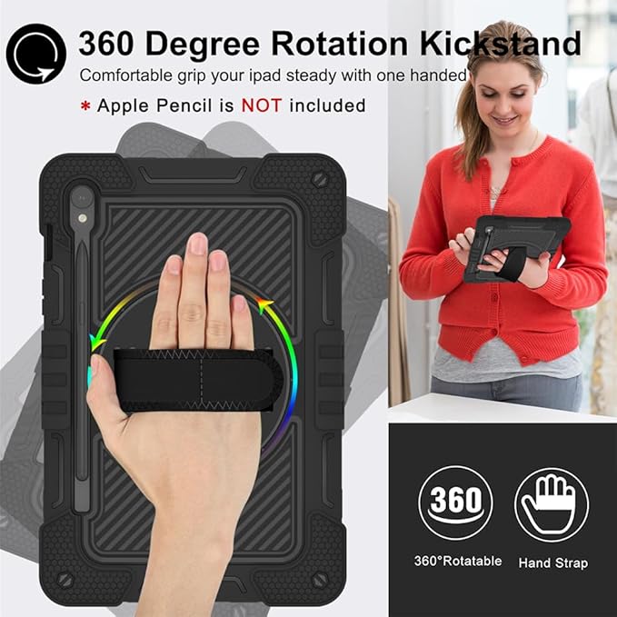 Shockproof Case for Samsung Galaxy Tab S10 Lite/S10 FE/S9/S9 FE 11 Tablet Cover with Shoulder+Hand Strap Techcircle Heavy Duty Rotating Kickstand Rugged Defender Protective Case Black