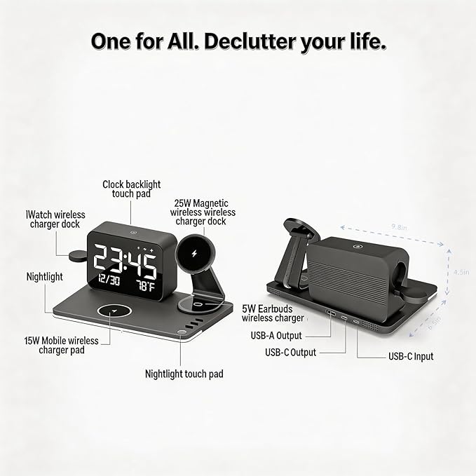 THL MagCharge 7-in-1 Magnetic Wireless Charging Station 25W Rotatable Stand Dimmable Ambient Bluetooth Clock 65W Adapter Included for iPhone 17/16/15 Apple Watch AirPods Bedside Desk Charger