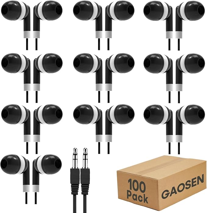 Bulk Earbuds Headphones 100 Pack for Kids School ClassroomBlack Dot in-Ear EarphonesStudent Wired Ear Buds with 3.5 mm Jack for Computer Chromebook Laptop PC(GS01100 Black)