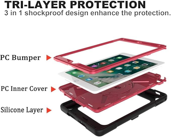 Jaorty for iPad air 2/iPad Pro 9.7 2016 case360 Rotable Handle Kickstand Layer Pencil Holder Shockproof with Strap Shoulder Case for iPad 6th/5th GenerationNew iPad 9.7 2017/2018Black+Rosered
