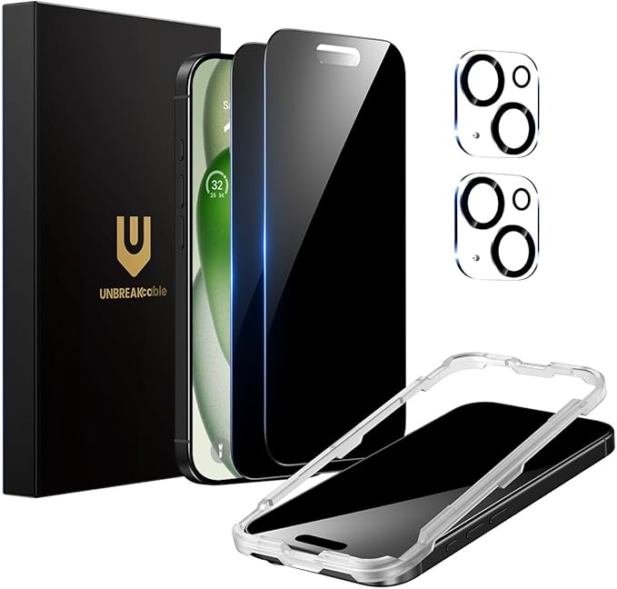 UNBREAKcable Privacy Screen Protector for iPhone 15 Plus (6.7-Inch) 2-Pack + 2 Lens Protectors｜25° Anti-Spy｜9H Hardness｜Anti-Fingerprint｜HD Clarity Tempered Glass
