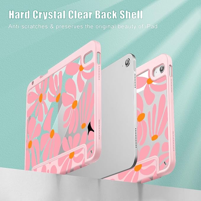 May Chen for iPad (A16) 11th Generation Case 11 Inch 2025 iPad 10th Gen Case 2022 10.9 inch Built-in Pencil Holder with Shockproof Cover Clear Transparent Back Shell Auto Wake/Sleep Groovy Flower