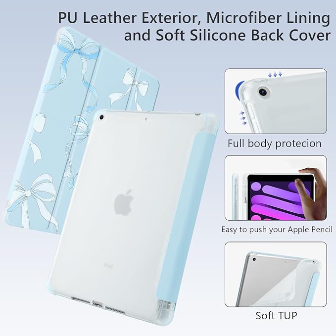 Cute Ribbon Bow for iPad 7th/8th/9th Generation Case with Pencil Holder Auto Sleep/Wake Blue Leather Soft TPU Back Cover for iPad 10.2 Inch 2019/2020/2021
