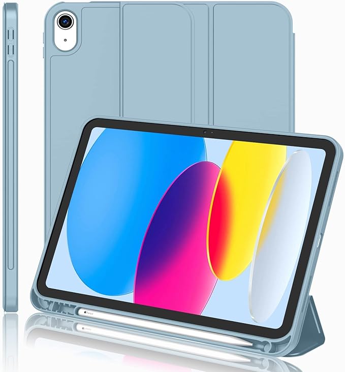 iMieet iPad (A16) Case 11th Gen/iPad 10th Generation Case [11-Inch 2025/10.9 Inch 2022] with Pencil Holder Trifold Stand Smart Cover with Soft TPU BackAuto Wake/Sleep(Light Blue)