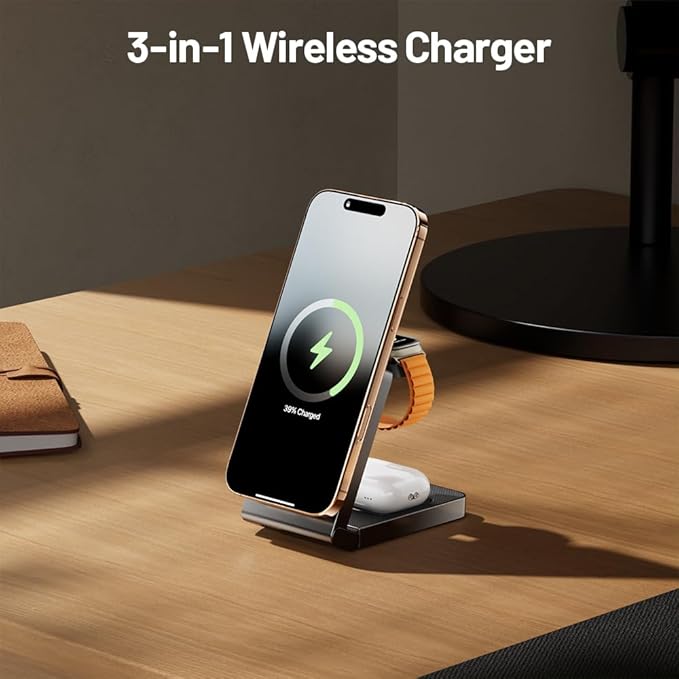 3 in 1 Charging Stationfor Apple Magsafe Charger Station Auto-Pop Watch CradleUp-Down Sliding Design Wireless Charging Station for iPhone 17/16/15/14/13/12&ampApple Watch Series/Airpods