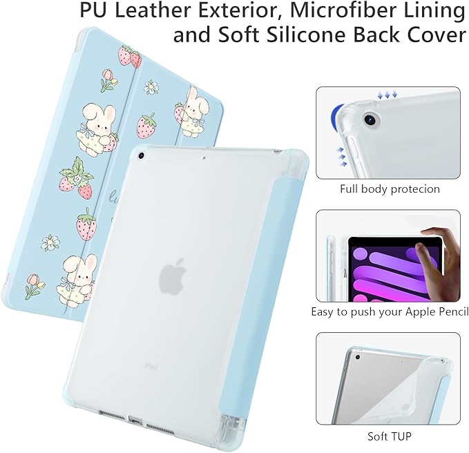 Cute Kawaii Bunny Strawberry for iPad Air5/Air4 Case with Pencil Holder Auto Sleep/Wake Blue Leather Soft TPU Back Cover for iPad 10.9 Inch 2022/2020