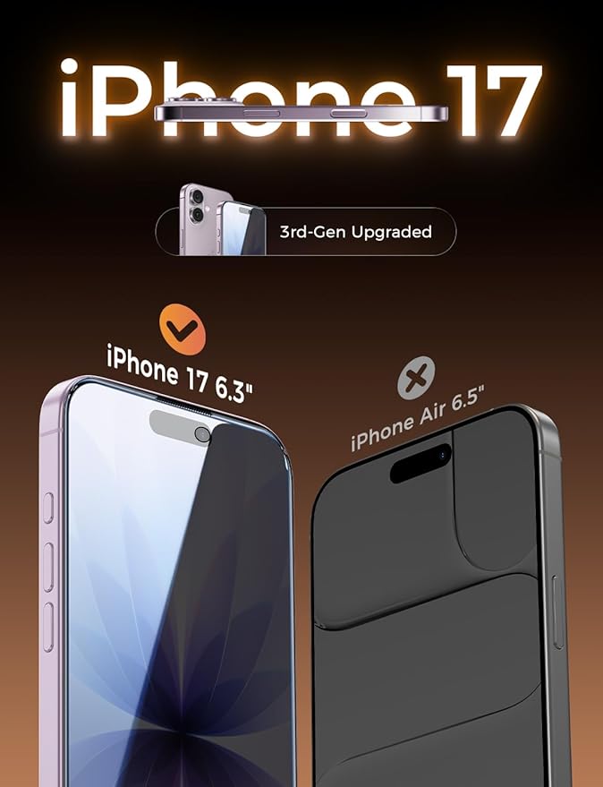 MAGIC JOHN 3rd Gen Upgraded for iPhone 17 Privacy Screen Protector 6.3 Inch25°Anti-Spy ScreenShockproof Tempered GlassAuto Dust-RemovalBubble FreeEasy InstallationDaily Drop Protection2 Pack