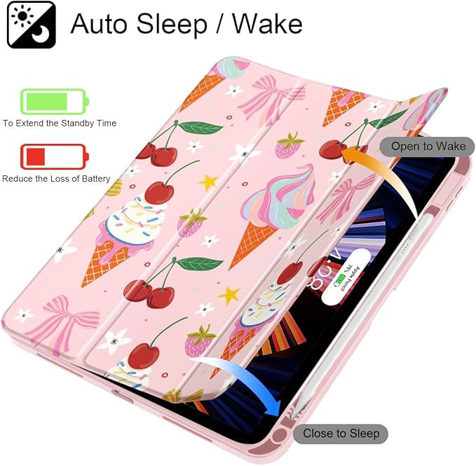 Case for iPad 11 inch A16 2025 Generation 11th / iPad 10.9 inch 2022 10th Gen Buit in Pencil Holder with Shockproof Cover Clear Transparent Back Shell Auto Wake/Sleep Ice Cream-Bows-Pink
