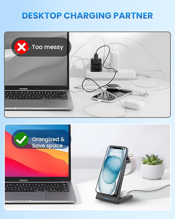 JoyGeek 3-in-1 Wireless Charging StationFoldable Travel Charger Stand for iPhone 15/14/13/12 Series Fast Magnetic Charging Dock for Apple Watch Ultra 2/9/8/7/6/SE/5/4/3/2AirPods Pro 3/2
