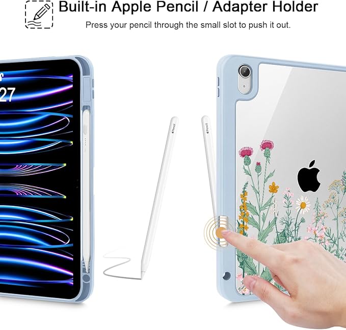 May Chen Case for iPad Air 13 Inch M4 2026 M3 2025 M2 2024 [Built-in Pencil Holder] Shockproof Cover with Clear Transparent Back Shell Auto Sleep/Wake Cover Herbs Flowers