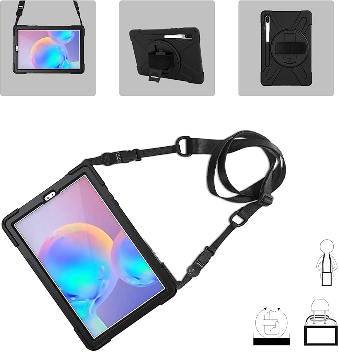 ProCase Galaxy Tab S6 10.5” 2019 Case with S Pen Holder (Model SM-T860/T865/T867) Rugged Heavy Duty Shockproof Cover with Hand Strap Rotating Kickstand Protective –Black